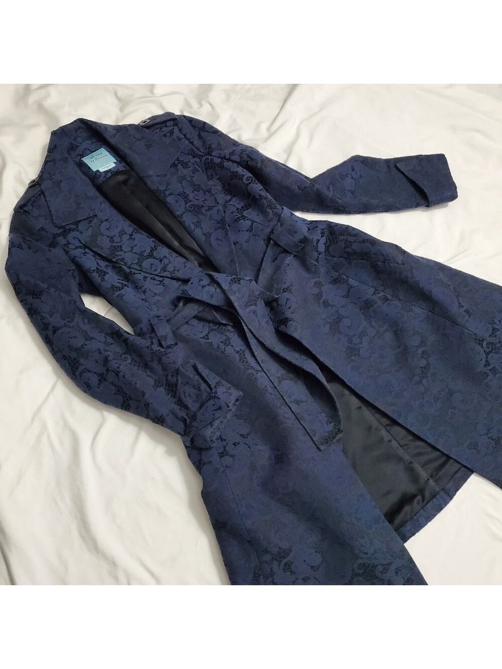 Guess by Marciano Navy Floral Jacquard Belted Trench Dress Coat 2